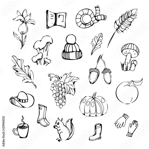 Autumn set of different colorful elements. Hat, mushroom, acorn, umbrella, pumpkin, grapes, rubber boots, squirrel,apple,cup,leaves,book.