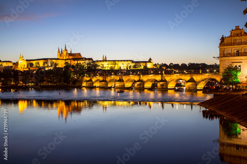 Prague castle and the Charles bridge at dusk