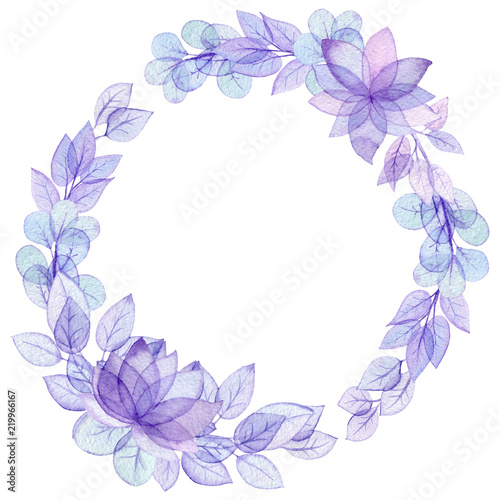 Round Wreath with Watercolor Leaves and Flowers