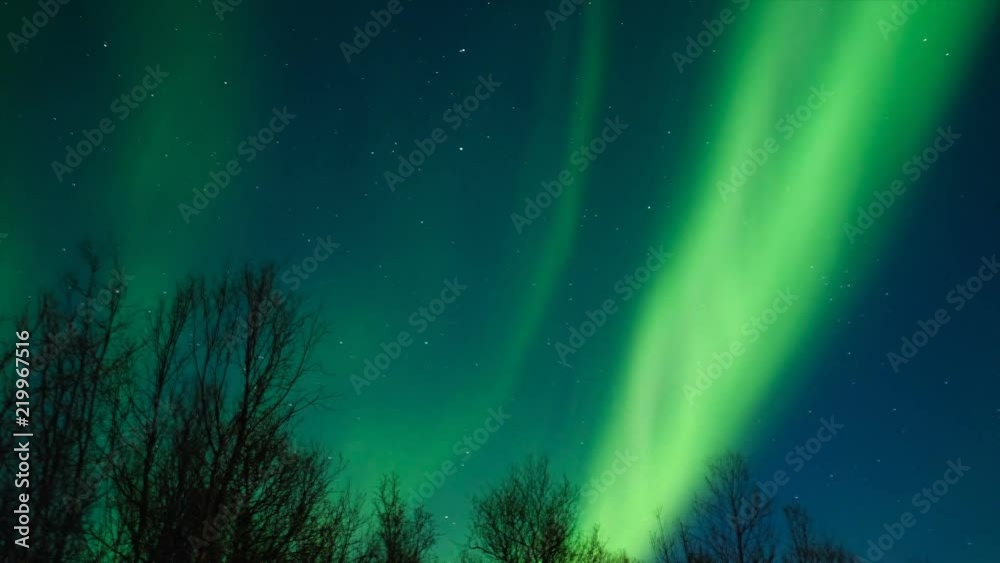 HD Time-lapse of Northern Light Aurora Borealis in the night sky over Senja island in Northern Norway. Snow covered mountains in the background where moonlight is illuminating  landscape.