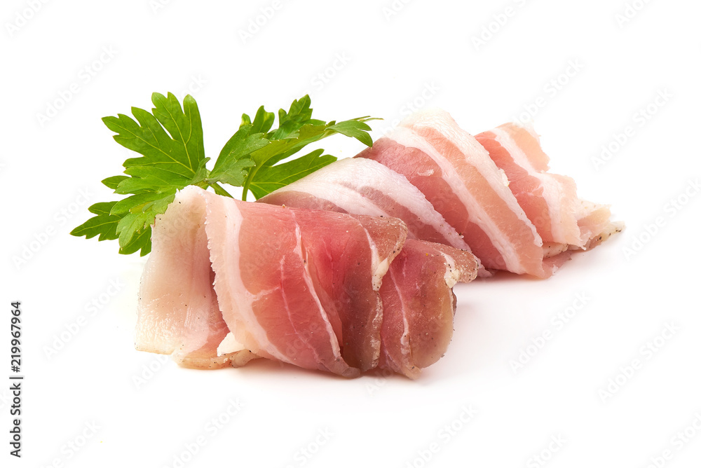Twisted pieces of pork farmer meat or bacon with parsley, isolated on white background. Twisted pieces of pork farmer meat or bacon with parsley, isolated on white background.