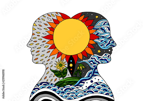 human head spirit power energy connect to the universe vector abstract art illustration design hand drawn