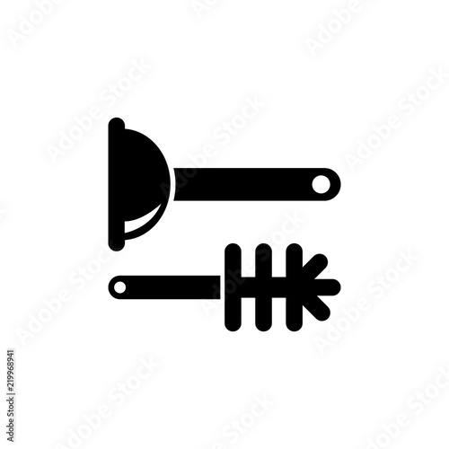 Toilet Plunger with Brush, Bathroom Clean Equipment. Flat Vector Icon illustration. Simple black symbol on white background. Toilet Plunger and Brush sign design template for web and mobile UI element
