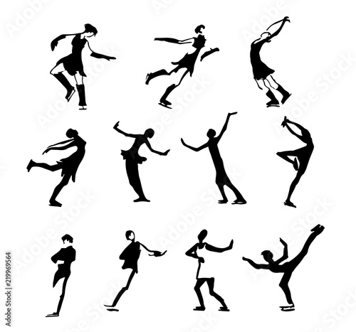Big Set of Art Different Pose Men and Women People Silhouettes. Ice Skiing, Figure Skating. Vector Illustration.