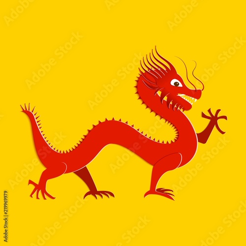 Asian red dragon in paper cut style on yellow background. Origami dragon for the year 2024. Traditional Chinese goroscop symbol. Vector card illustration