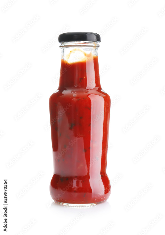 Bottle with tasty sauce on white background Bottle with tasty sauce on white background