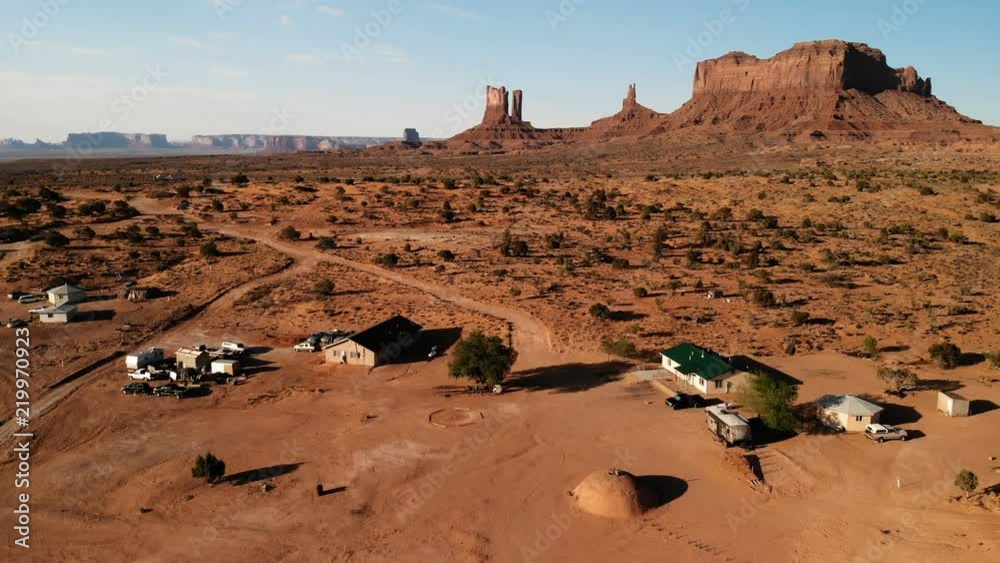 Village near the Oljato–Monument Valley in Arizona.  Ranch house. Aerial view, from above, drone shooting 
