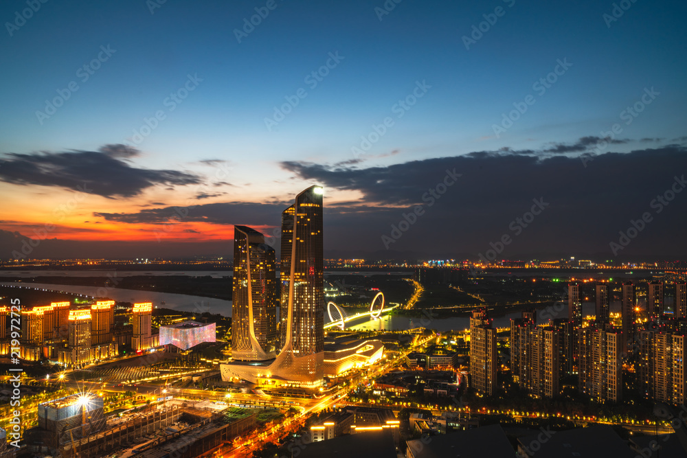 Morden city sunset in Nanjing, China