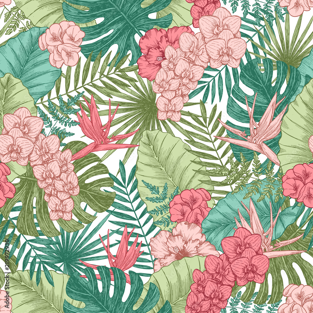 Fototapeta premium Exotic plants. Seamless Pattern. Botanical wallpaper. Vector illustration