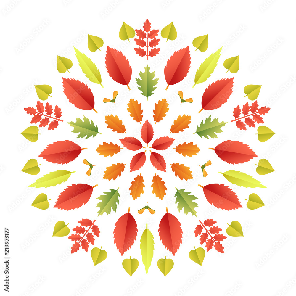 Obraz premium Autumnal mandala. Fall colorful leaves kaleidoscope isolated on white background. Paper cut 3d flat style, vector illustration