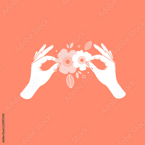 Woman hand holding paper florals. Handmade courses. Vector illustration photo