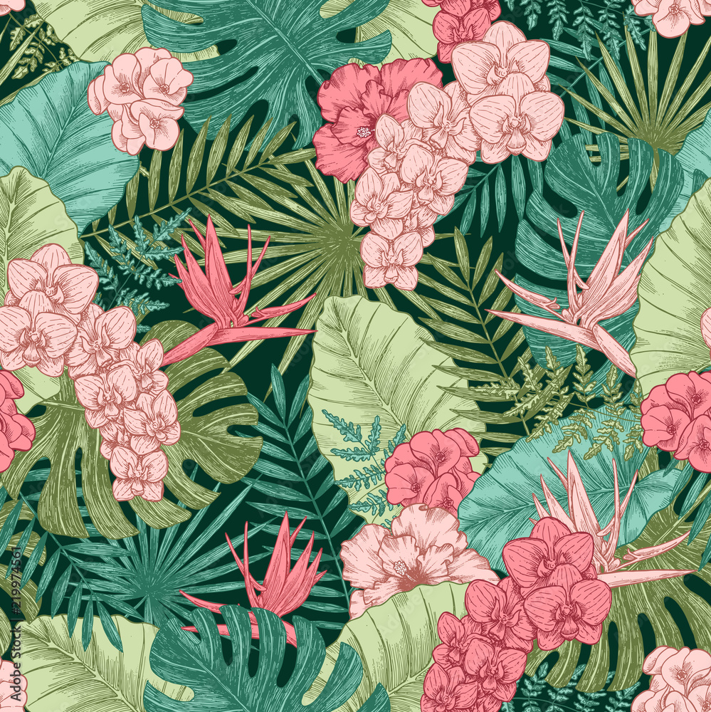 Fototapeta Exotic flowers and leaves seamless pattern. Tropical style. Vector illustration