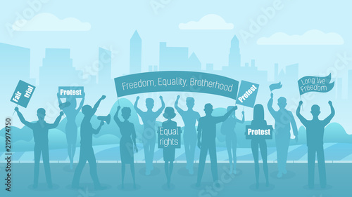Silhouette crowd of people protesters. Protest, revolution, conflict on city street. Civil demonstration flat vector illustration.