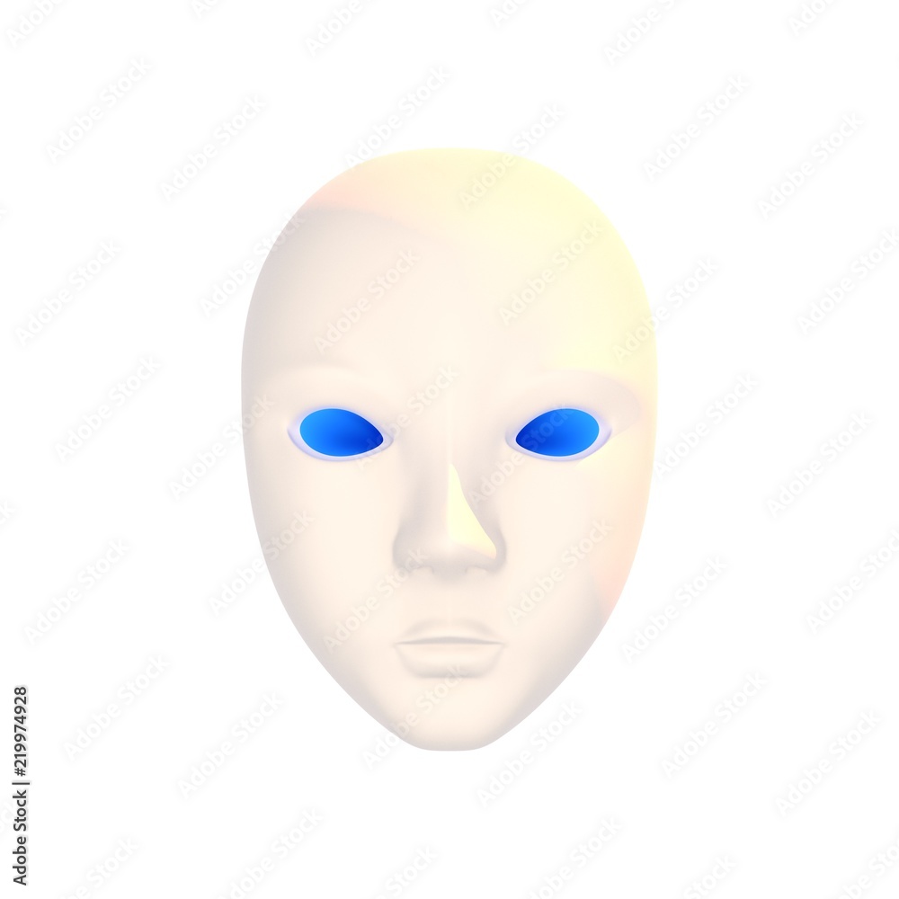 Head, mask, face. Light complexion, full of blue eyes. Spaceman, alien or robot. 3d render. Illustration. Head, mask, face. Light complexion, full of blue eyes. Spaceman, alien or robot. 3d render. Illustration.