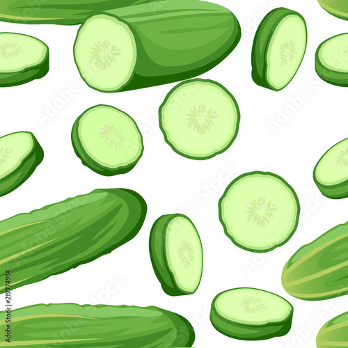 Seamless pattern. Fresh cucumber, whole and slices. Ripe green vegetable cucumber, round slice meal. Flat vector illustration on white background