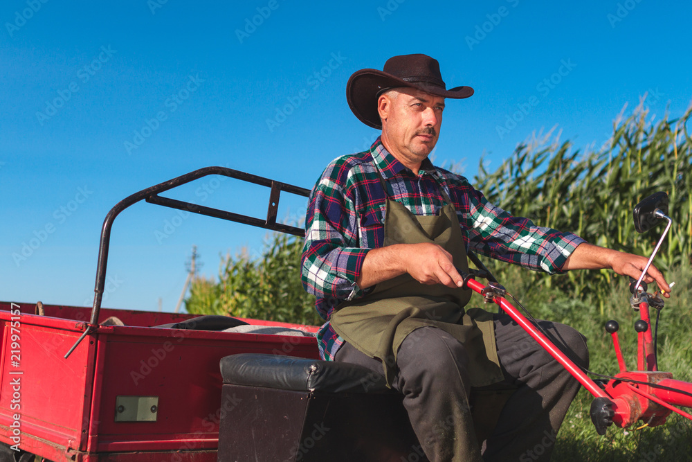 Farmer in a hat on a tractor in countryside