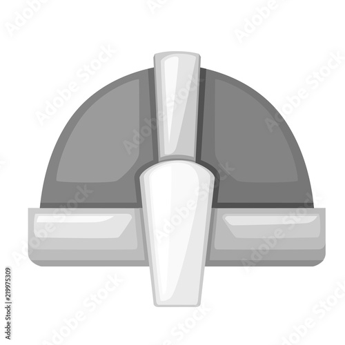 Norman culture. Medieval metal knight helmet. Silver colored armor. Warrior knight logo, emblem, symbol, sport mascot. Flat vector illustration isolated on white background