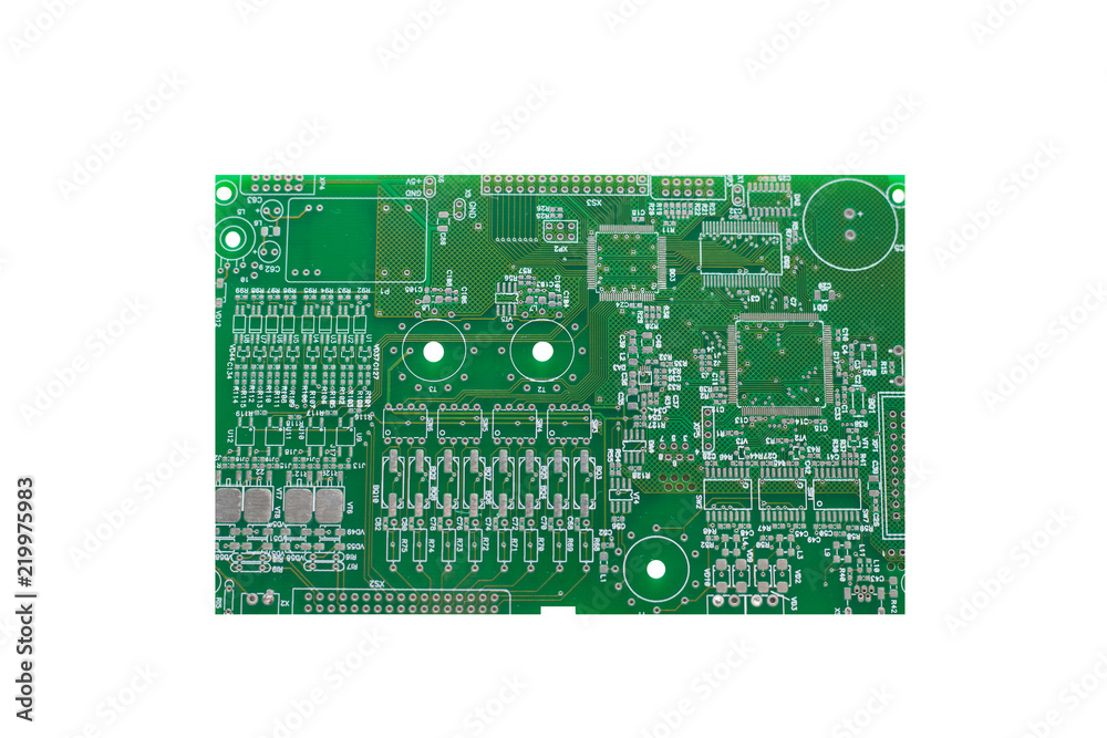 A board with microcircuits or a computer board is isolated on a white background. A board with microcircuits or a computer board is isolated on a white background.