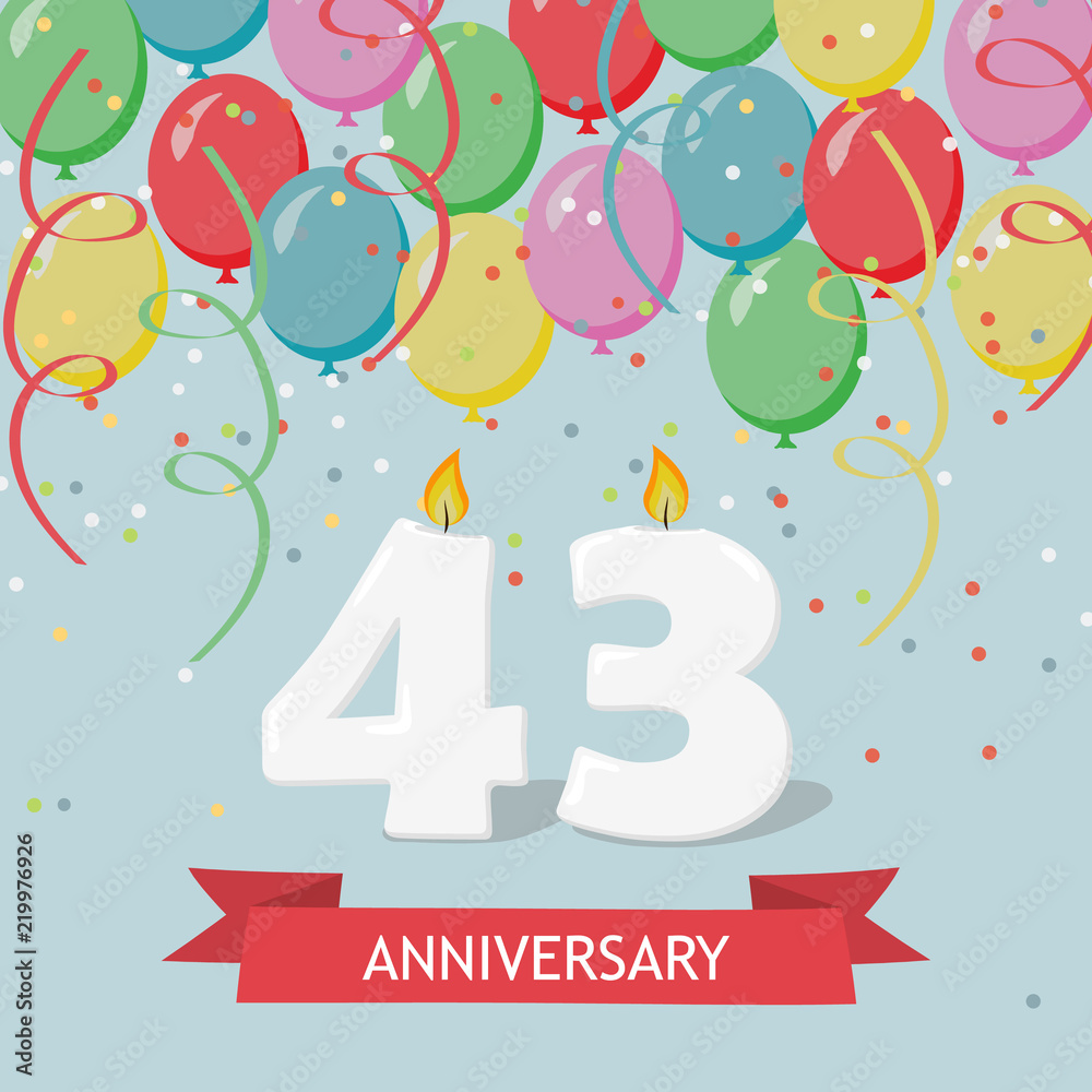 43 years selebration. Happy Birthday greeting card with candles, confetti and balloons. 43 years selebration. Happy Birthday greeting card with candles, confetti and balloons.