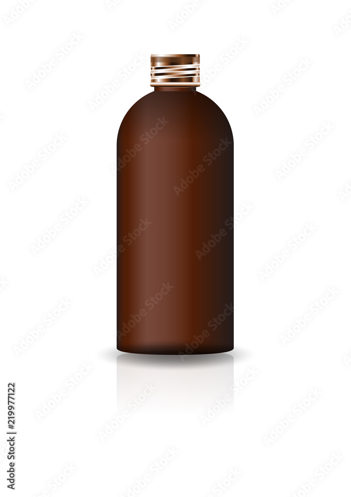 Blank brown cosmetic round bottle with copper lid for beauty or healthy product. Isolated on white background with reflection shadow. Ready to use for package design. Vector illustration. Blank brown cosmetic round bottle with copper lid for beauty or healthy product. Isolated on white background with reflection shadow. Ready to use for package design. Vector illustration.