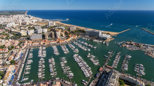 Aerial view of the bay of the marina, with luxury yachts in Vilamoura.