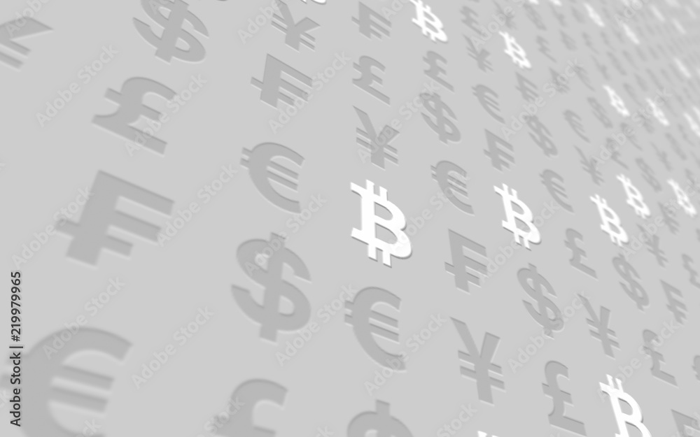 Bitcoin and currency on a gray background. Digital Cryptocurrency symbol. Business concept. Market Display. 3D illustration