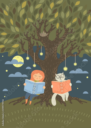 Bedtime reading. Cute little girl with fantasy cat read books in the evening under the tree. Original vector illustration.