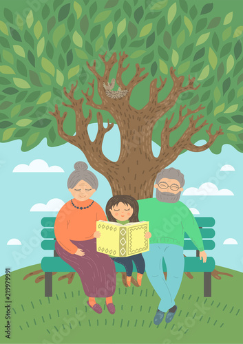 Grandparents with grandchild read a book in the garden. Cute senior couple and little girl sitting on the bench under a tree. Original vector illustration.
