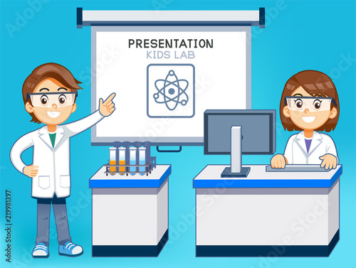 Presentation lesson in science classroom by computer. Scientific research of student.