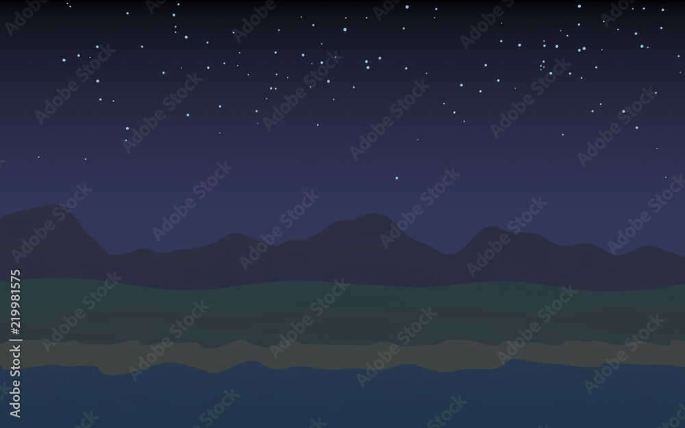 Obraz premium Starry moonless sky. Ocean shore line with waves on a beach. Island beach paradise with waves. Vacation, summer, relaxation. Seascape, seashore. Minimalist landscape, primitivism. 3D illustration