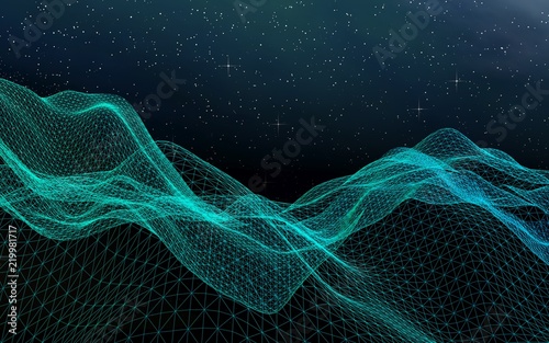 Abstract landscape on a dark background. Cyberspace grid. Hi-tech network. Outer space. Starry outer space texture. 3D illustration