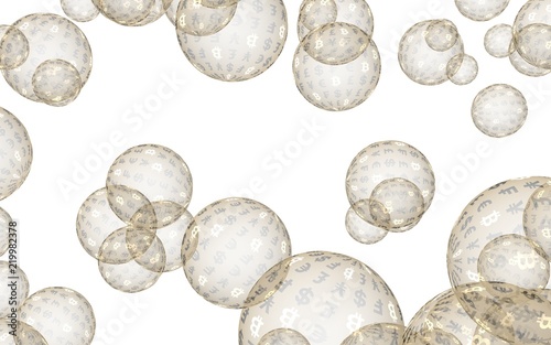 Bitcoin economic financial bubble. Cryptocurrency 3D illustration. Business concept. Golden bubbles on a white background