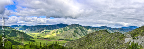 Beautiful summer panoramic landscape of valley from mountain pass Chike-Taman, Altai mountains, Russia © rvo233