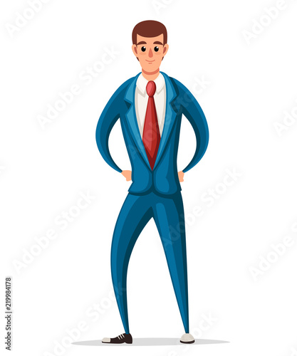 Business man in blue formal wear. Cartoon character design. Flat vector illustration isolated on white background