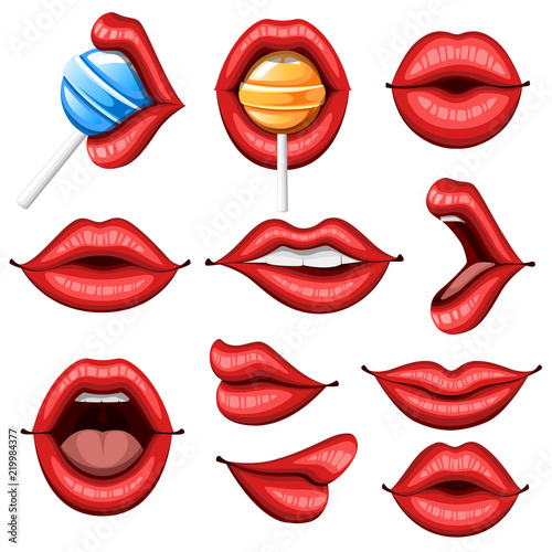 Collection of sexy red lips. Biting, kiss, smile, open and close. Lips with lollipop. Colorful icon. Flat vector illustration isolated on white background