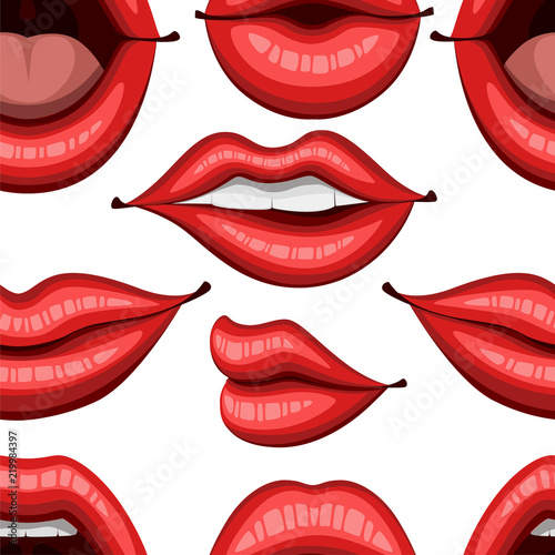 Seamless pattern. Red sexy lips illustration. Biting  smile and open lips. Flat style mouth and lips. Kiss sexy logo icon for card. Vector illustration on white background