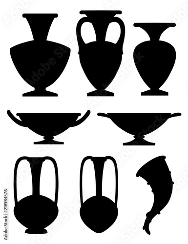 Black silhouette. Greek pottery icon collection. Amphora, rhyton, kylix. Greek or roman culture. Flat vector illustration isolated on white background