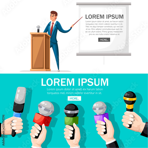 Man in suit stands at wooden tribune with microphone. Making a presentation with speech. Cartoon character design. Flat vector illustration on white background. Web site page and mobile app design