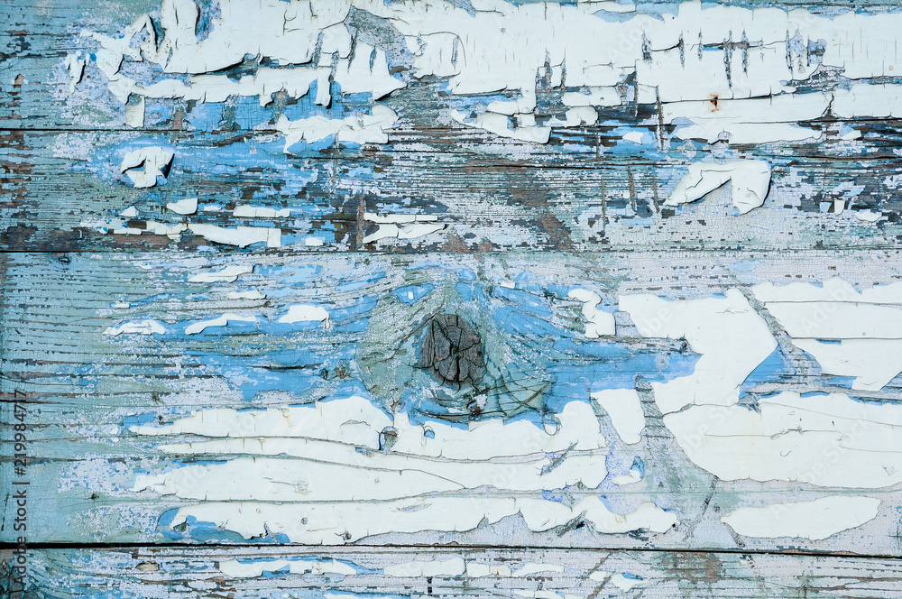 Texture of very old scratched wooden planks with cracked and peeling blue and white paint and knot in center Texture of very old scratched wooden planks with cracked and peeling blue and white paint and knot in center