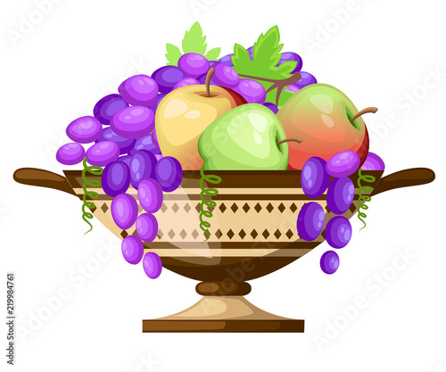 Ancient Greece kylix drinking cup. Ancient wine cup cylix with patterns. Cup with apples and grapes. Greek pottery icon. Flat vector illustration isolated on white background