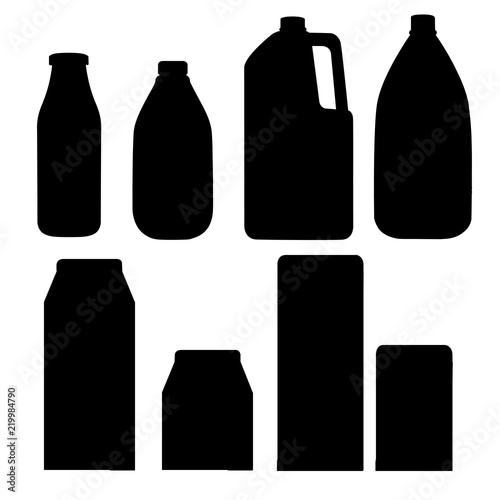 Black silhouette. Milk containers collection. Cardboard box, plastic and glass bottle. Milk template. Flat vector illustration isolated on white background