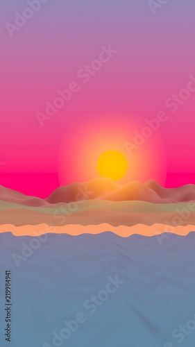 Sun Sea Beach. Sunset. Ocean shore line with waves on a beach. Island beach paradise with waves. Vacation  summer  relaxation. Seascape  seashore. Minimalist landscape  primitivism. 3D illustration