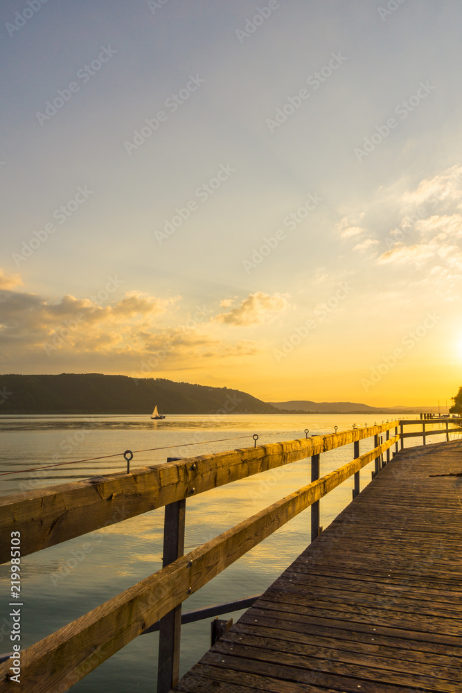 Germany, Landing stage of lake constance in sunset mood