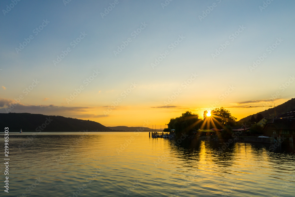 Germany, Golden sunset at lake constance holiday village Sipplingen