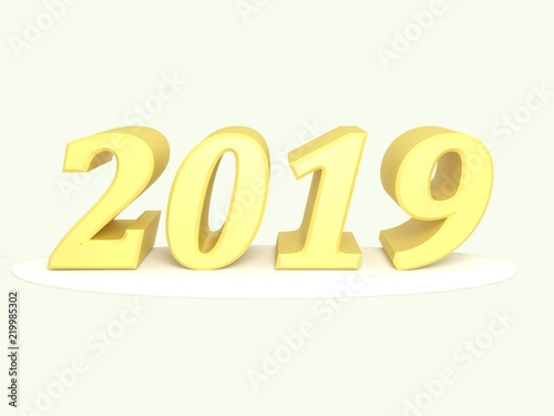 Happy New Year 2019. Inscription of yellow color. Render. Set