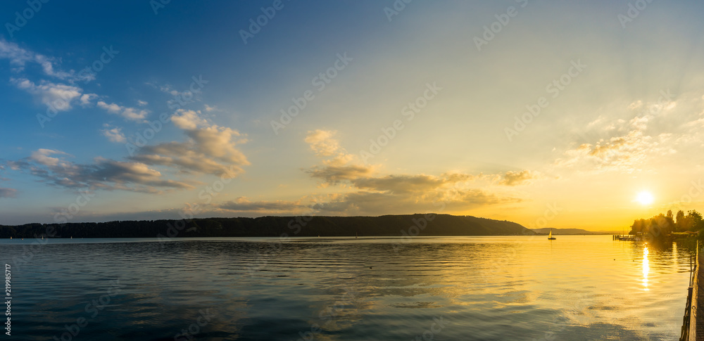 Germany, XXL Romantic sunset atmosphere at lake constance panorama in summer