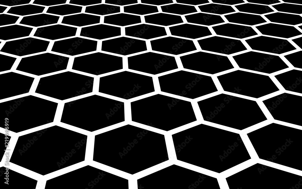 White honeycomb on a black background. Perspective view on polygon look like honeycomb. Isometric geometry. 3D illustration White honeycomb on a black background. Perspective view on polygon look like honeycomb. Isometric geometry. 3D illustration