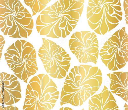 Gold foil mosaic leaves seamless vector background. Golden abstract leaf shapes on white background. Elegant, luxurious pattern for wallpaper, scrap booking, banners, packaging, wedding, party, invite