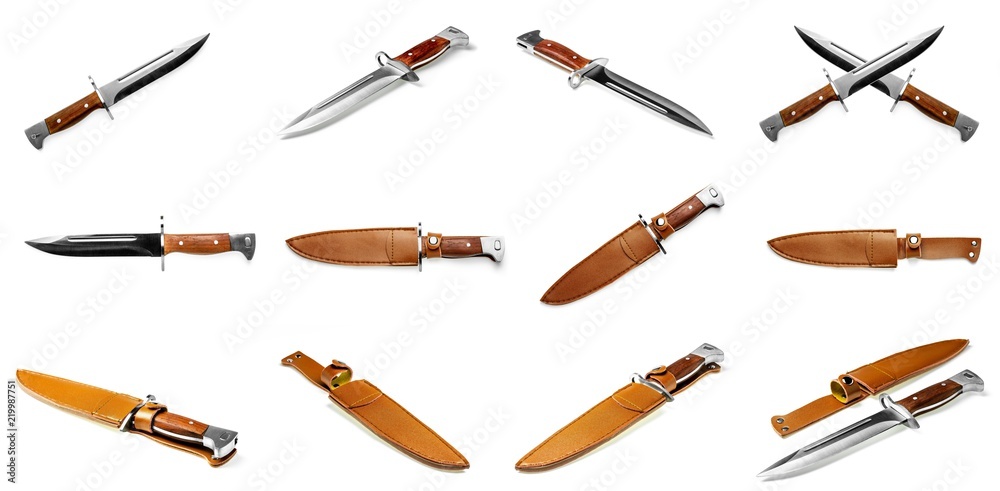 collection of a vintage combat knife bayonet and scabbard isolated on white background.