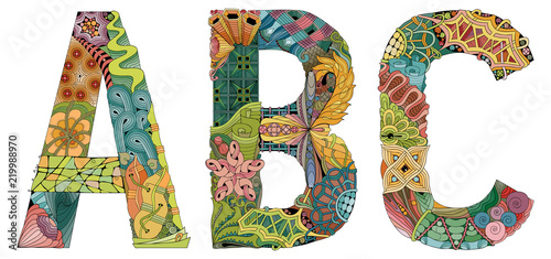 Letters A, B, C zentangle. Vector decorative object